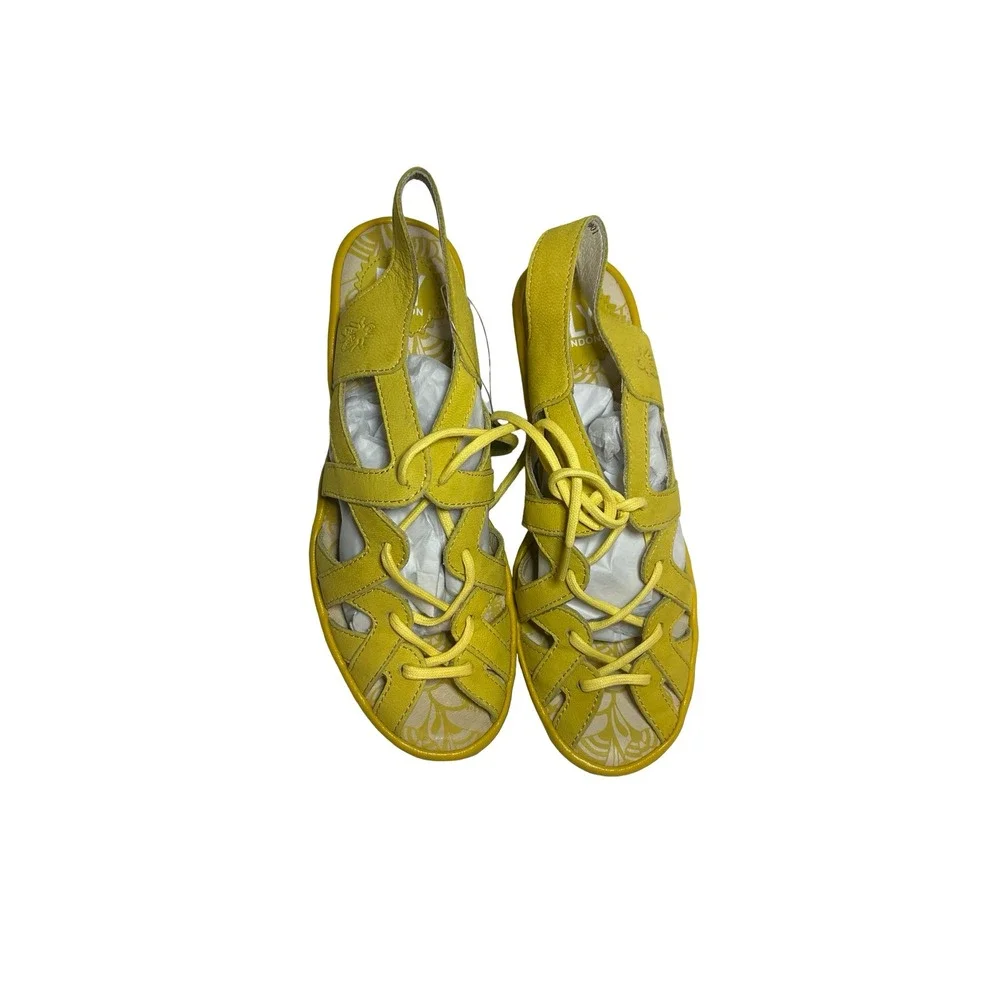 Fly London Yasi Yellow Leather Lace Up Wedge Sandals Womens 37 P500749001